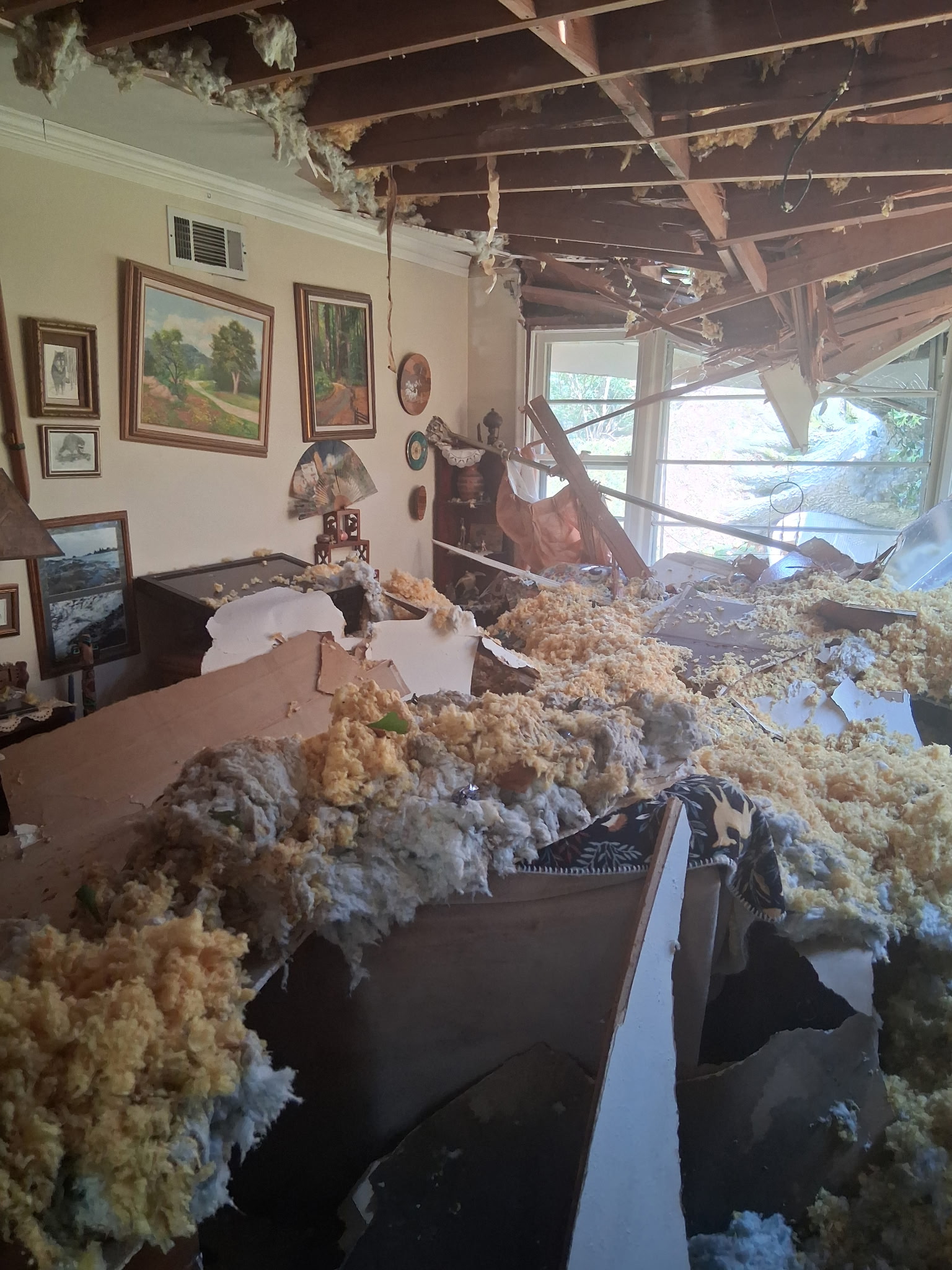 Collapsed ceiling and exposed rafters inside the storm-damaged Memphis home